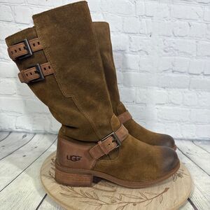 Ugg Australia Tall Boots Size 7.5 Everglade Leather Suede Buckle Distressed